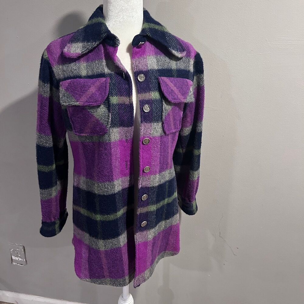 Vintage 70s Wool Shacket longline plaid shirt jacket Button Down Womens 11